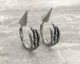 Front and back Bird&#39;s Claw earrings, Birds claw earrings, Ear jacket ,spike earrings,  Gothic earrings, fake gauge earrings, mens earrings