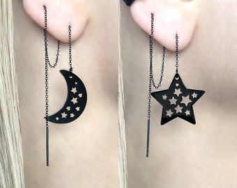 Boucles d'oreilles Moon and Star Threader, enfileur d'oreille, boucles d'oreilles lune, boucles d'oreilles étoile, boucle d'oreille chaîne, enfileur, boucles d'oreilles noires, bijoux noir de jais