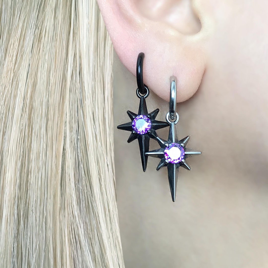 North Star Hoop Earrings: Stainless Steel Gothic Starburst With Cubic Zirconia - Etsy Japan