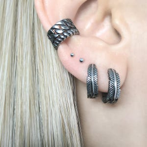 No piercing hoop earring, fake Hoop earring, Mens earring, Mens hoop, Gothic earrings, clip on hoop, Feather hoop earrings, clip on earring