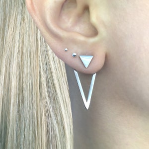Front and back triangle earrings, triangle earrings, Ear jacket earrings, Gothic earrings, Black earring unisex earrings, geometric earring image 3