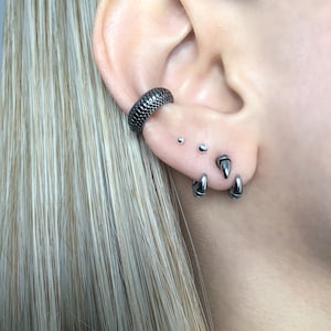 May include: A close-up of a person's ear with multiple silver earrings. The earrings include a small hoop, two small studs, and a pair of spike earrings.