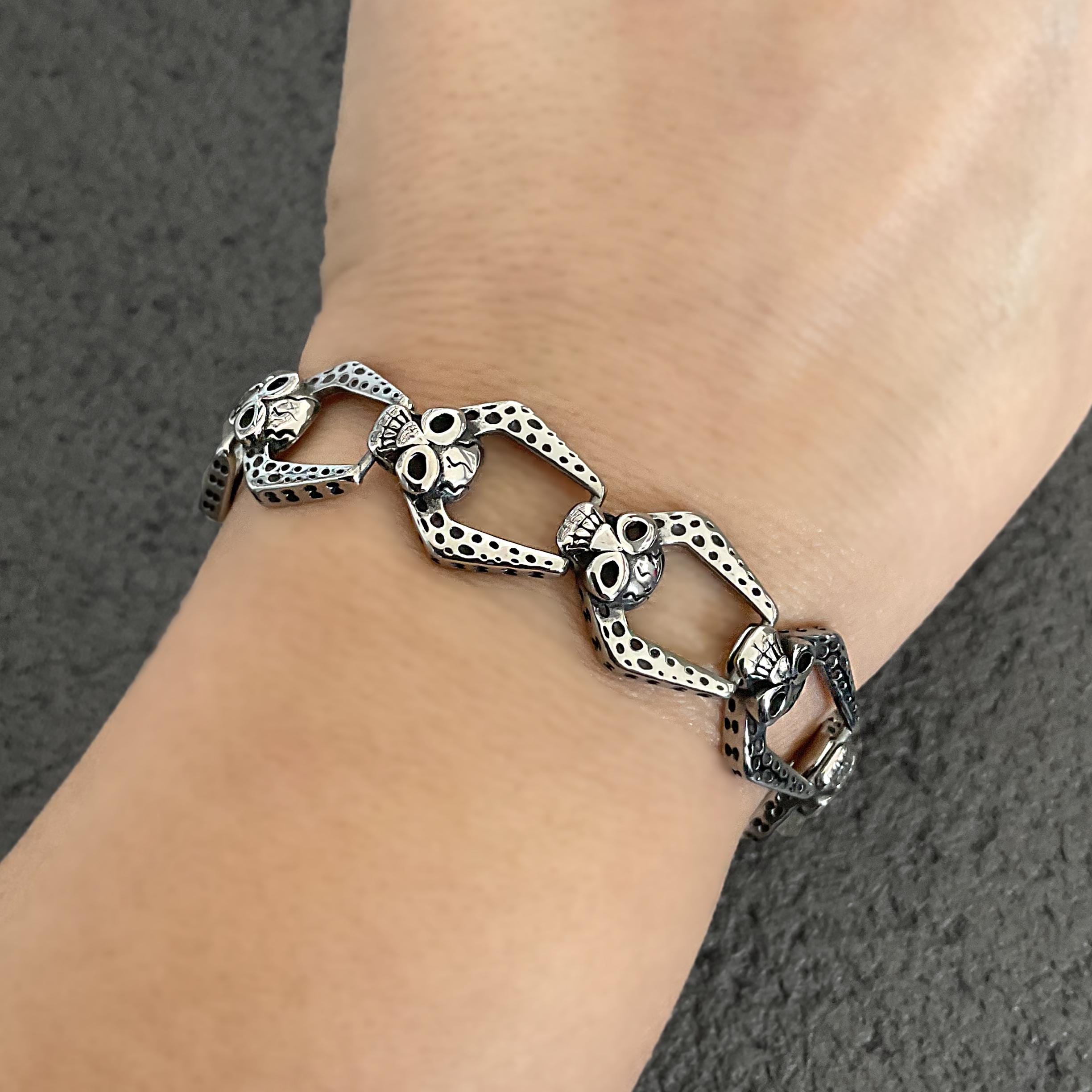 CoolSteelAndBeyond Men's Large Skull Bracelet - Stainless Steel Gothic Punk Cuff (Old Used Metal Finish) - View #4
