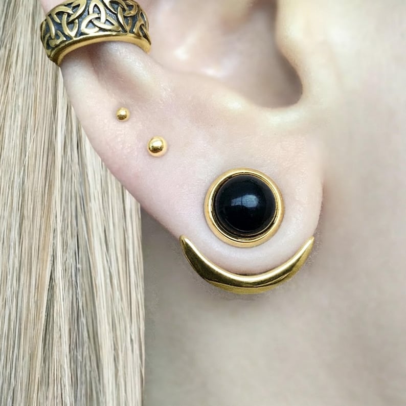 Pendientes con forma de luna, pendientes delanteros y traseros, joyería gótica de acero inoxidable, luna creciente. imagen 3