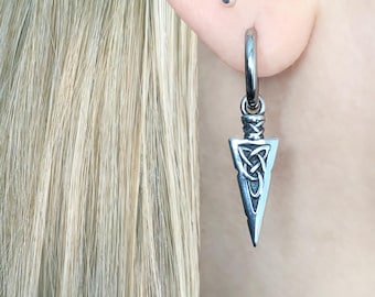 Pendientes de aro con lanza vikinga, pendientes colgantes con nudo celta de la Trinidad, joyería unisex de acero inoxidable.