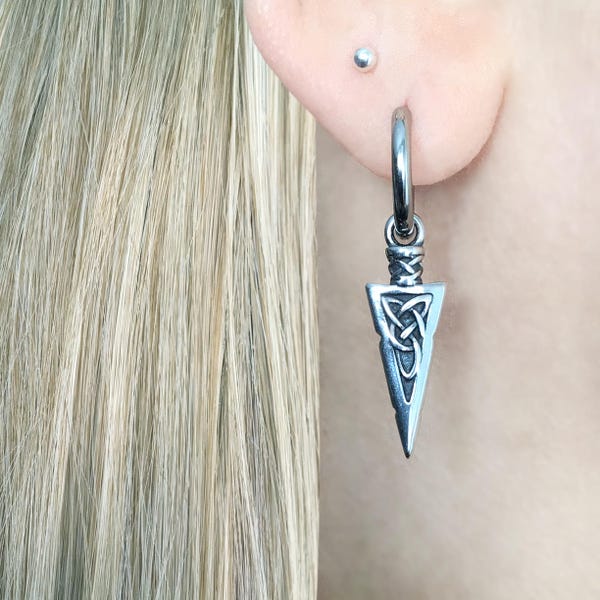 Viking Spear Hoop Earrings , Celtic Trinity Knot Drop Earrings ,Stainless Steel Unisex Jewelry