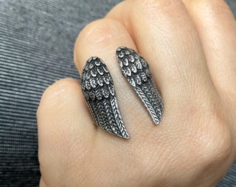 Anillo de alas de ángel de acero inoxidable oxidado: joyería gótica de protección, joyería de alas