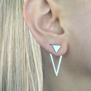 Front and back triangle earrings, triangle earrings, Ear jacket earrings, Gothic earrings, Black earring unisex earrings, geometric earring image 8