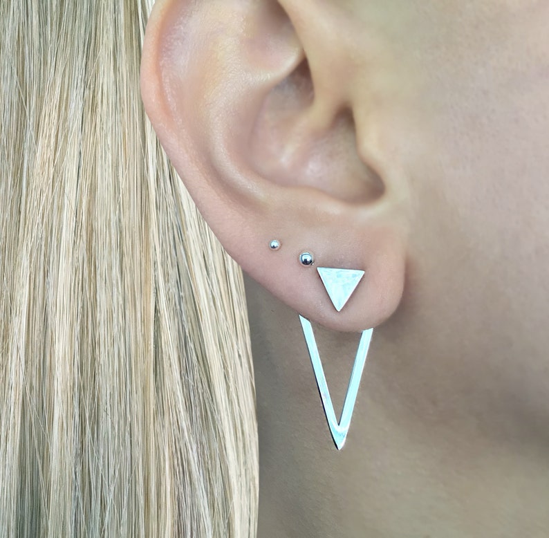 Front and back triangle earrings, triangle earrings, Ear jacket earrings, Gothic earrings, Black earring unisex earrings, geometric earring image 8