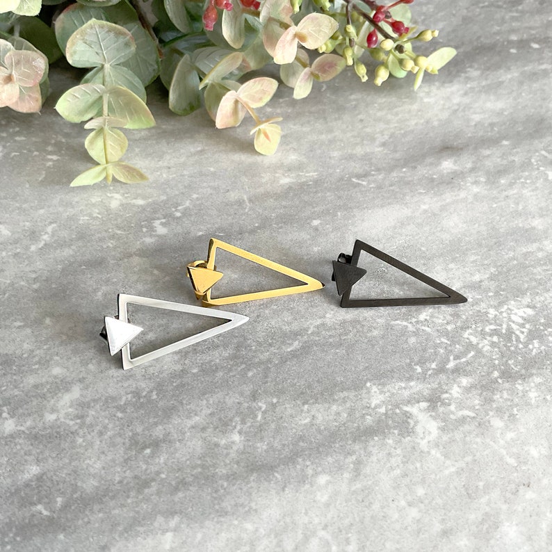 Front and back triangle earrings, triangle earrings, Ear jacket earrings, Gothic earrings, Black earring unisex earrings, geometric earring image 6