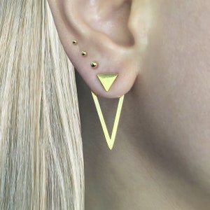 Front and back triangle earrings, triangle earrings, Ear jacket earrings, Gothic earrings, Black earring unisex earrings, geometric earring image 2