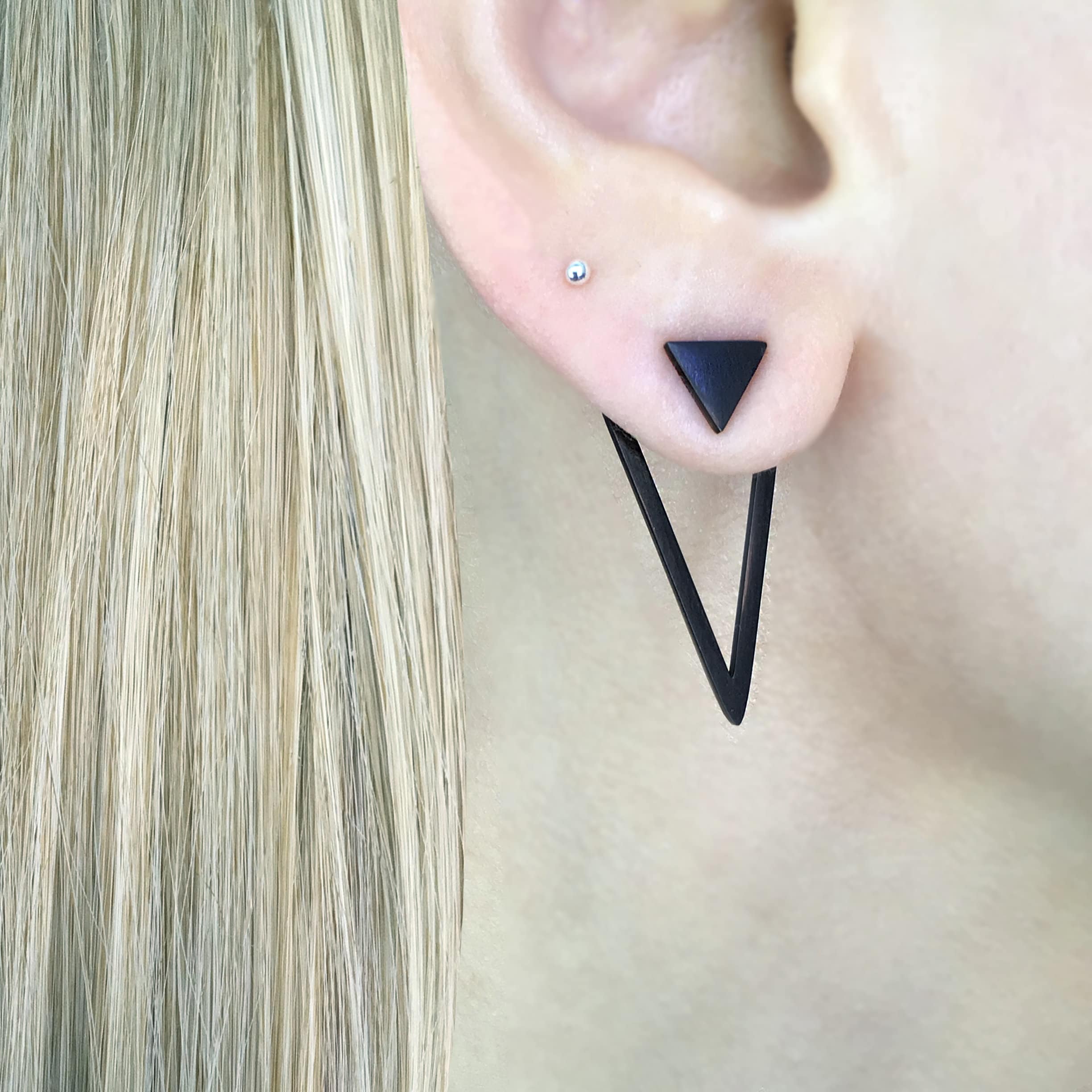 Front and back triangle earrings, triangle  earrings, Ear jacket earrings, Gothic earrings, Black earring unisex earrings, geometric earring