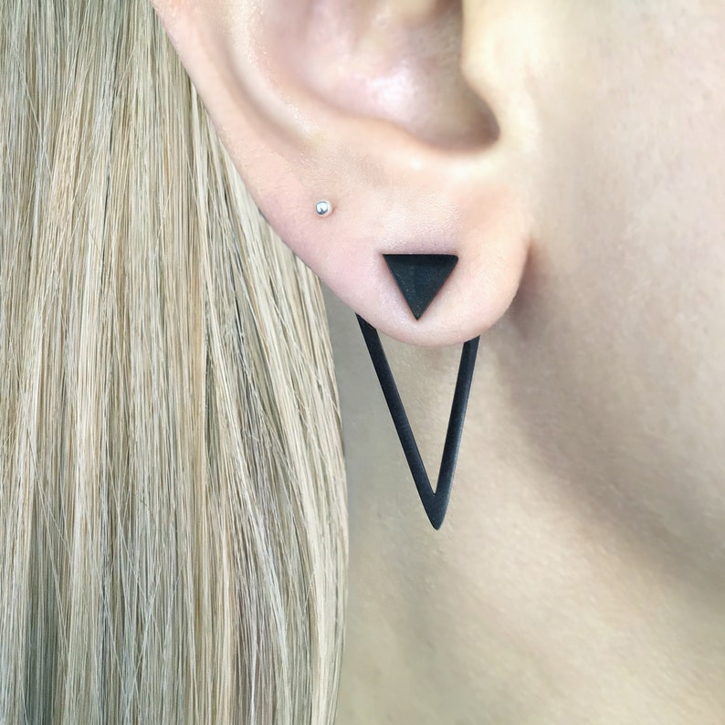 Front and back triangle earrings, triangle earrings, Ear jacket earrings, Gothic earrings, Black earring unisex earrings, geometric earring image 1