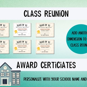 Class Reunion Award Certificates; School Reunion Awards; Class of &#39;83 Awards; Class of &#39;73 Awards; Funny Awards for Class Reunion
