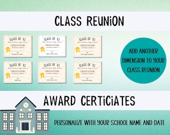 Class Reunion Award Certificates; School Reunion Awards; Class of &#39;83 Awards; Class of &#39;73 Awards; Funny Awards for Class Reunion