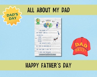 Fathers Day Kids Activity, All About my Dad Card, Dad's Day Gift from kids, Activity for Fathers Day for kids, My Dad Fill in the Blank
