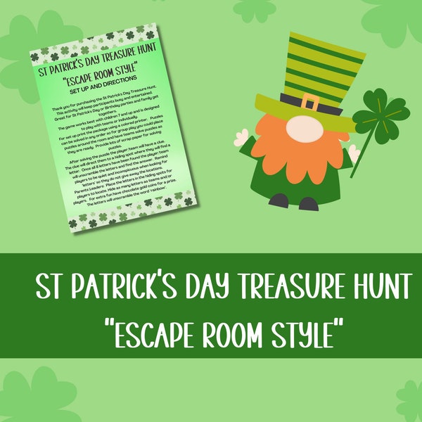 St Patrick's Day Treasure Hunt Escape Room Style, Kids St Pat's Party Scavenger Hunt Activity, Escape Room Party Fun   om Puzzles for Kids,