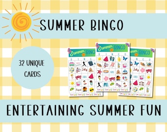 Juego de bingo para verano, Juego de bingo para niños, Actividad de juego de verano, Juego de bingo grupal, Bingo para campamento y guardería, Juego de verano para niños