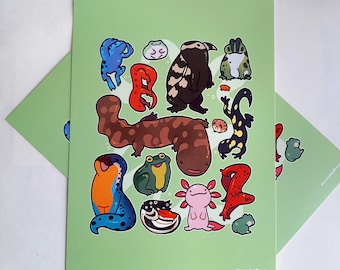 May include: A green background with a variety of colorful cartoon amphibians and reptiles. There are frogs, salamanders, newts, and axolotls. The image is a whimsical illustration of these creatures.