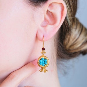 Pomegranate Turquoise Earrings,Ottoman Earrings, Brass Earrings,18-22k Gold Plated Earrings,Turkish Earrings,Handmade Jewellery,Gift for Her