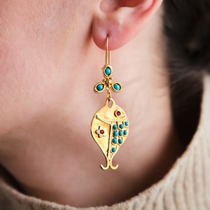 Fish Model Earrings,Turquoise earrigs,Handmade Earrings,Dangling Earrings,Gold Earrings,Turkish Jewelry,Fish,Chunky Earrings,Gift for her,