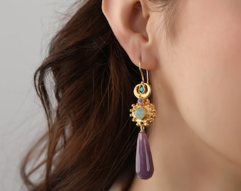 Ottoman Drop Earrings,Drop Stone Earrings,Handmade Jewelry,Rose Quartz,Amythest Earrings,Most Popular Jewelry,Gift For Her,Valentine’s Gift,