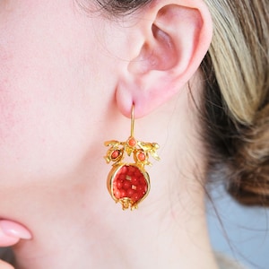 Pomegranate Earrings,Ottoman Earrings, Brass Earrings,18-22k Gold Plated Earrings,Turkish Earrings,Handmade Jewellery,Gift for Her,coral