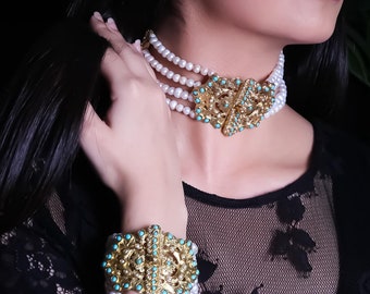 Chokerketting Ottomaanse, vintage ketting, parelsteen, turkoois, Ottomaans model, chokerketting, korte ketting, whitechoker, uniek cadeau