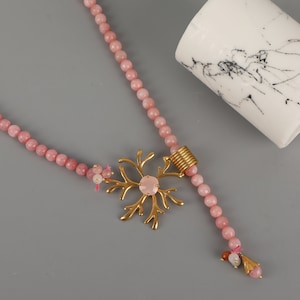 Rose Quartz Necklace,Tassels Necklace,8mm Rose Quartz Necklace,Natural stone,Ottoman Necklace,Valentine’s day gift for her,Long Necklace