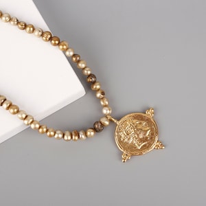 Roman Caesar Gold Coin Necklace,Unique Necklace,Vintage necklace,Pearl Necklace,Coin Necklace,Roman Pendant Necklace,Medallion Necklace,