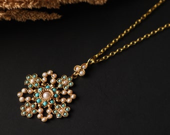 Handgemaakte Ottomaanse design ketting, parelketting, turkoois ketting, parelhanger, Ottomaanse sieraden, verstelbaar in maat, cadeau voor haar