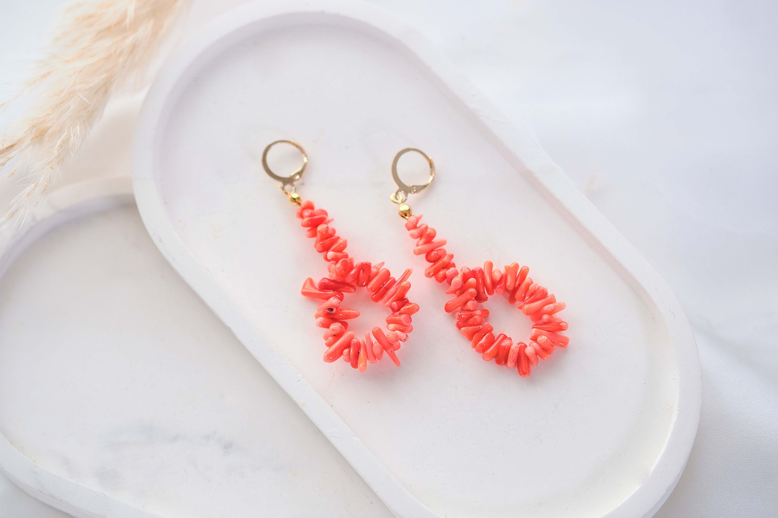 Boucles D'oreilles Vintage En Corail Naturel 100% - Fait Main, Italie, Crochet Laiton - Umaiza Gems