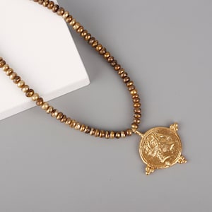 Roman Caesar Gold Coin Necklace,Unique Necklace,Vintage necklace,Pearl Necklace,Coin Necklace,Roman Pendant Necklace,Medallion Necklace,