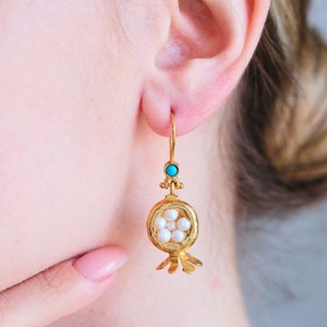 Pomegranate Pearl Earrings,Ottoman Earrings, Brass Earrings,18-22k Gold Plated Earrings,Turkish Earrings,Handmade Jewellery,Gift for Her