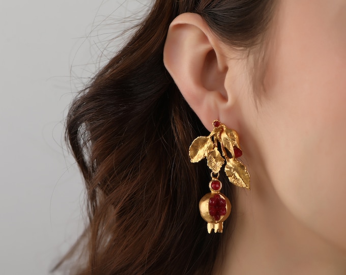 Pomegranate Design Earrings,Turkish Jewellery,Handmade Earrigns,Gold Plated Earrigns,Ottoman Design,Traditional Earrings,Gift for Her