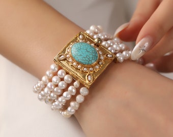 Handgemaakte armband, parelsteen, unieke armband, Turkse sieraden, parelarmband, speciaal cadeau, Ottomaanse sieraden, kerstcadeau, grote gouden parel