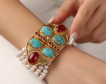 Handgemaakte armband, parelsteen, unieke armband, Turkse sieraden, parelarmband, speciaal cadeau, Ottomaanse sieraden, kerstcadeau, grote gouden parel