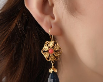 Ottoman Earrings,Drop Earrings,Onyx Stone,Unique Jewelry,Ottoman Model,Turkish Jewelry,gift for her,Valentines Gift,Handmade Earrings,Coral