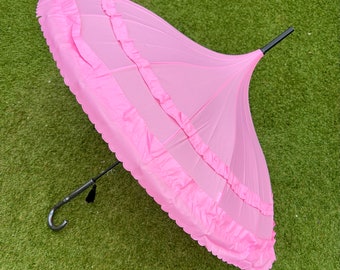 Stunning Boutique Pink Classic Frilled Edge Pagoda Walking Wedding Umbrella By Soake