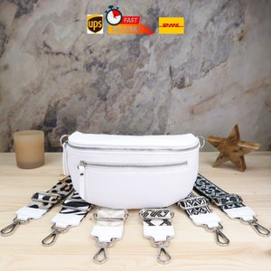 Bauchtasche und Umhängetasche mit Riemen Leder für Frauen Crossbody Weiß, Leder Umhängetasche mit extra Reißverschlusstaschen, Gürteltasche