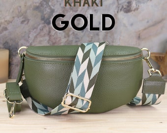 Khaki Leather Crossbody Bag: Women's Fanny Pack with Patterned Strap