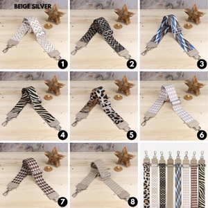 May include: Eight different patterned beige and silver adjustable straps for bags. The straps are shown on a wooden surface with a star-shaped decoration.