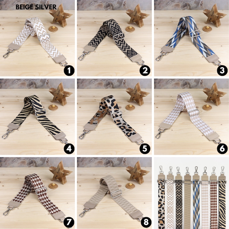 May include: Eight different patterned beige and silver adjustable straps for bags. The straps are shown on a wooden surface with a star-shaped decoration.