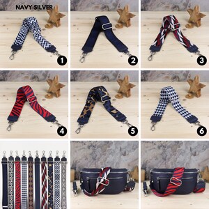May include: Six different patterned fabric straps for bags, with a navy blue and silver color scheme. The straps are shown on a wooden surface with a star-shaped decoration. The straps are numbered 1 through 6. The straps are all about 1 inch wide. The straps are made of a woven fabric with a variety of patterns, including geometric, animal print, and stripes. The straps are all about 40 inches long. The straps are all made of a durable fabric that is designed to last. The straps are all adjustable and can be used on a variety of bags.