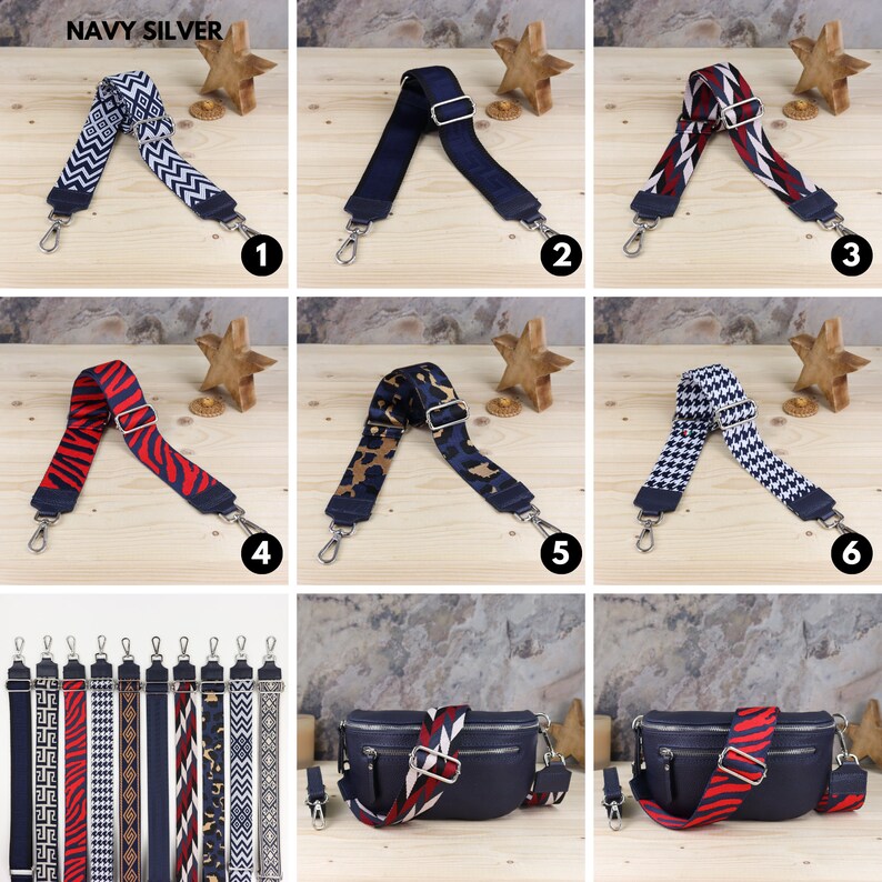 May include: Six different patterned fabric straps for bags, with a navy blue and silver color scheme. The straps are shown on a wooden surface with a star-shaped decoration. The straps are numbered 1 through 6. The straps are all about 1 inch wide. The straps are made of a woven fabric with a variety of patterns, including geometric, animal print, and stripes. The straps are all about 40 inches long. The straps are all made of a durable fabric that is designed to last. The straps are all adjustable and can be used on a variety of bags.