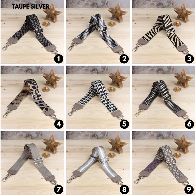 May include: Nine different patterned fabric straps in taupe and silver. The straps are shown laid out on a wooden surface with a star-shaped decoration.