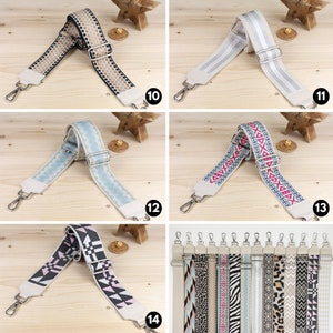 May include: Assortment of colorful and patterned adjustable straps for bags. The straps are made of woven fabric and have a white leather buckle. The straps are shown in various patterns, including geometric, floral, and striped.