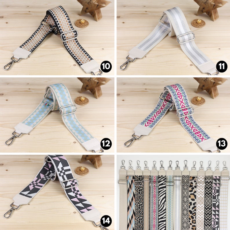 May include: Assortment of colorful and patterned adjustable straps for bags. The straps are made of woven fabric and have a white leather buckle. The straps are shown in various patterns, including geometric, floral, and striped.