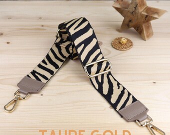 Zebra Print Bag Strap: Taupe Leather, Gold & Silver Hardware