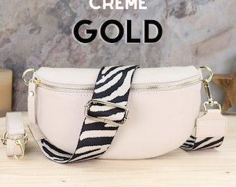 Umhängetasche mit Creme Gold Reißverschluss, Crossbody und Gürteltasche mit Gemusterten Riemen, Leder Gürteltasche, Bauchtasche mit Riemen